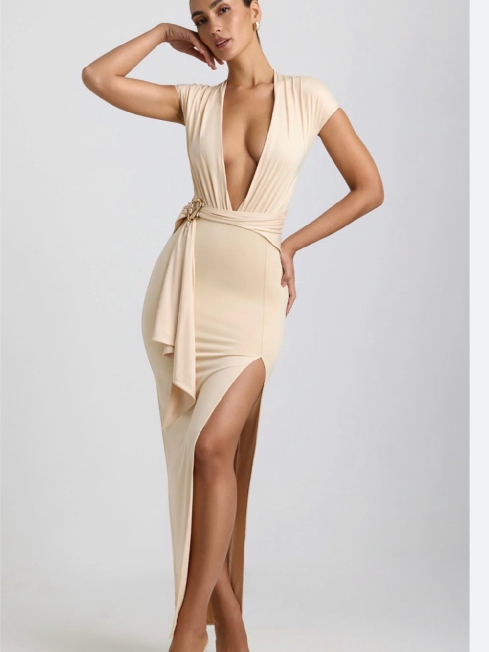 Plunge V-Neck High-Slit Maxi Dress in Cream